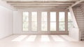 Empty room interior design, open space with resin floor, window and white walls, bleached wooden beams ceiling and staircase,