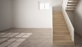 Empty room interior design, open space with white walls, modern style, parquet floor, wooden staircase, minimalist contemporary Royalty Free Stock Photo