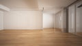 Empty room interior design, open space with white walls and parquet wooden floor, modern contemporary architecture, panoramic Royalty Free Stock Photo