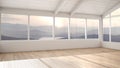 Empty room interior design, open space with wooden roofs and parquet floor, big panoramic window, mountain panorama, modern Royalty Free Stock Photo