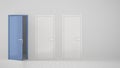 Empty room interior design with two white closed doors and one open blue door with frame, wooden white floor. Choice, decision, Royalty Free Stock Photo