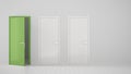 Empty room interior design with two white closed doors and one open green door with frame, wooden white floor. Choice, decision, Royalty Free Stock Photo