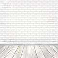 Empty room interior with white brick wall and light wooden floor background Royalty Free Stock Photo