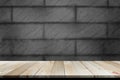 Empty room interior wood table gray dark brick floor Royalty Free Stock Photo