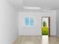 Empty room. Landscape behind the open door. Royalty Free Stock Photo