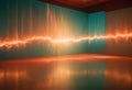 An empty room with a large screen displaying a digital visualization of a soundwave with a bright, orange glow. Royalty Free Stock Photo