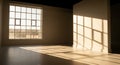 Empty room with large window casting dramatic grid-like shadows on the floor and wall interior Royalty Free Stock Photo
