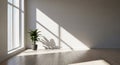 Empty Room with Large Window Casting Sunlight Shadows on Light Wood Floor and White Wall Royalty Free Stock Photo
