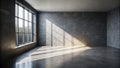 Empty room with large window and sunbeams casting shadows on polished concrete floor. Generative AI Royalty Free Stock Photo