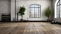 An empty room with a large window and a wooden floor. Generative AI image. Royalty Free Stock Photo