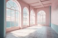 Empty room, large windows overlooking the sea. AI generative