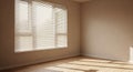 Empty room with wooden floor and large window with blinds casting striped shadows interior house Royalty Free Stock Photo