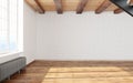 Empty room loft interior with big window white walls, bricks, wooden beams and floor. Royalty Free Stock Photo