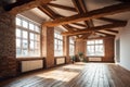 Empty room loft interior with big window white walls, bricks, wooden beams and floor. Generative AI Royalty Free Stock Photo