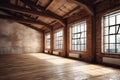 Empty room loft interior with big window white walls, bricks, wooden beams and floor. Generative AI Royalty Free Stock Photo