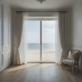 Empty room in a luxurious summer beach house with sea views behind the curtains - generated by ai Royalty Free Stock Photo