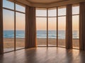 Empty room in a luxurious summer beach house with sea views behind the curtains - generated by ai Royalty Free Stock Photo