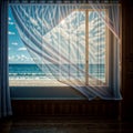 Empty room in a luxurious summer beach house with sea views behind the curtains - generated by ai Royalty Free Stock Photo