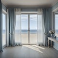 Empty room in a luxurious summer beach house with sea views behind the curtains - generated by ai Royalty Free Stock Photo