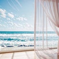 Empty room in a luxurious summer beach house with sea views behind the curtains - generated by ai Royalty Free Stock Photo