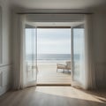 Empty room in a luxurious summer beach house with sea views behind the curtains - generated by ai Royalty Free Stock Photo