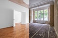 Empty room, luxury apartment / flat in old building with wooden floor and stucco Royalty Free Stock Photo
