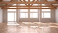 Empty room in luxury eco house, parquet floor and wooden roof tr