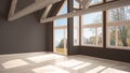 Empty room in luxury eco house, parquet floor and wooden roof tr