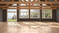 Empty room in luxury eco house, parquet floor and wooden roof tr