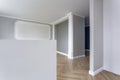 Empty room with minimal preparatory repairs with crown molding. interior of white and gray walls