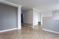 Empty room with minimal preparatory repairs with crown molding. interior of white and gray walls