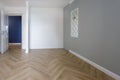 Empty room with minimal preparatory repairs with crown molding. interior of white and gray walls