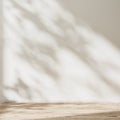 Empty room mock up with wooden floor and empty white wall with sunlight and leaves shadow, 3d rendering