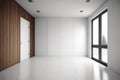 Empty room mockup with white floor, window and white wall panel, wooden wall, Generative AI