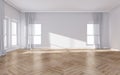 Modern bright interiorsempty room with light filtering curtains With windows and wood floors. Royalty Free Stock Photo