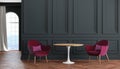 Empty room modern classic interior with black walls, red, burgundy armchairs, table, curtain. Royalty Free Stock Photo