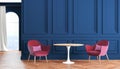 Empty room modern classic interior with blue, indigo walls, red, burgundy armchairs, table, curtain and window.