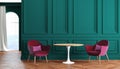 Empty room modern classic interior with green walls, red, burgundy armchairs, table, curtain and window. Royalty Free Stock Photo