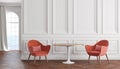 Empty room modern classic interior with white walls, red armchairs, table, curtain and window. Royalty Free Stock Photo