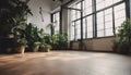 Empty room of modern contemporary loft with plants on wooden floor Royalty Free Stock Photo