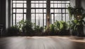 Empty room of modern contemporary loft with plants on wooden floor Royalty Free Stock Photo