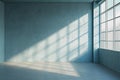 Empty room with monochrome dusty blue textured wall with shadows. Wall scene mockup for showcase with copy space Royalty Free Stock Photo