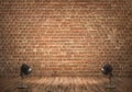Empty room, old wooden floor, brick wall with two lamps Royalty Free Stock Photo