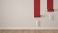 Empty room with paint rollers and painted wall, wooden floor, white and red minimalist interior design Royalty Free Stock Photo