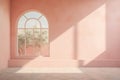 Empty room in pastel peach colour with beautiful arched window looking into garden. Royalty Free Stock Photo