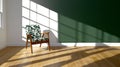 Empty room with a patterned armchair and sunlight casting shadows through a window Royalty Free Stock Photo