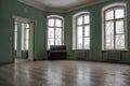 An empty room with a piano in an abandoned manor.