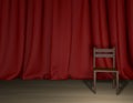 Empty room with red curtain and wooden floor, presentation background with copy space.