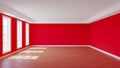 Empty Room with Red Walls, Three Windows, White Ceiling Cornice