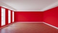 Empty Room with Red Walls, White Ceiling Cornice, Three Large Windows